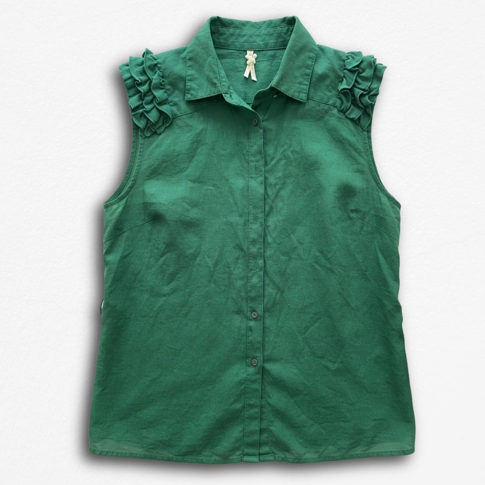 Lapis Women XL Green Sleeveless Ruffle Shoulder Button Down Blouse Top